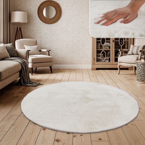 Paco Home Hochflor Teppich Wohnzimmer Kunstfell Super Soft Einfarbig in Versch. Größen und Farben 200 cm Rund, Creme