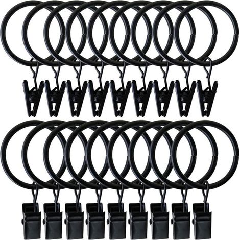Anneaux de Rideaux, 20 Pièces Anneaux de Suspension de Draperie en Métal Noir avec Clips Crochets de Rideaux pour Fenêtre Chambre Salon Balcon Tringles à Rideaux (50 MM) (1/5)