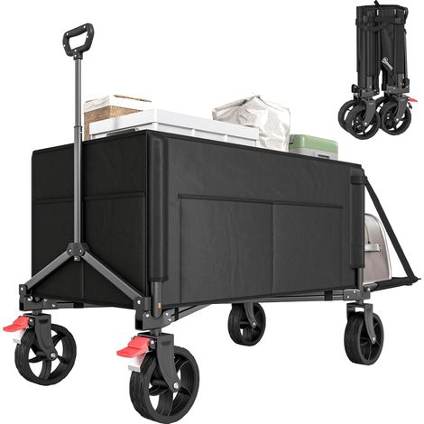150L Folding Camping Trolley Cart with Wheels, Adjustable Handle, Openable Sides, Ideal for Beach Shopping Garden Fishing, Black (1/5)