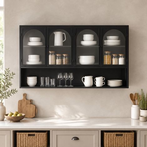Meuble de rangement mural 4 portes en verre gris, 120 x 23 x 70 cm, noir OKMYHOME (1/5)