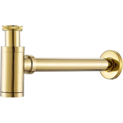 Siphon de lavabo - Siphon de lavabo réglable - Tuyau d'évacuation - Raccord d'évacuation - Tuyau d'évacuation anti-odeurs - Pour salle de bain et cuisine - Or - Laiton - 30 cm (1/5)