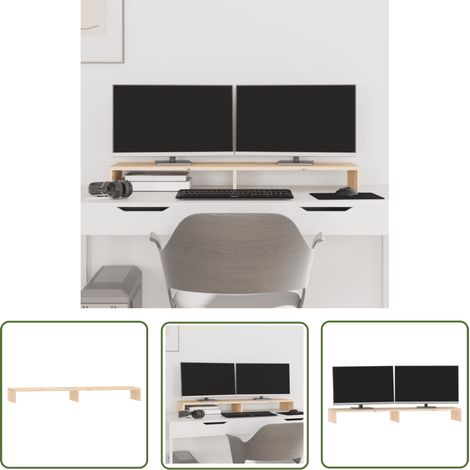 The Living Store Support pour moniteur 100x27x10 cm Bois de pin solide - Support Ordinateur - Support Ecran - Support Monitor - Meuble Informatique - Rangement Bureau (1/5)