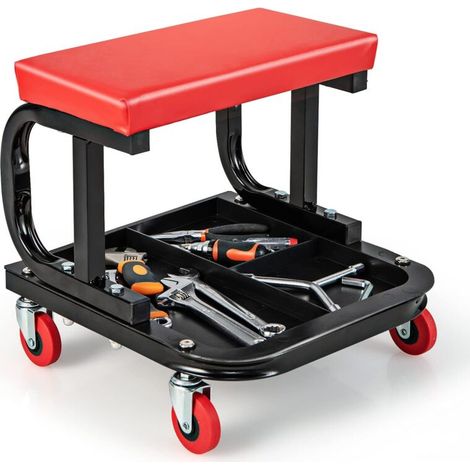 2 in 1 Workshop Stool with Padded Seat, Tool Tray, Casters, for Repair, Garage, Tool Storage, Load 150 kg