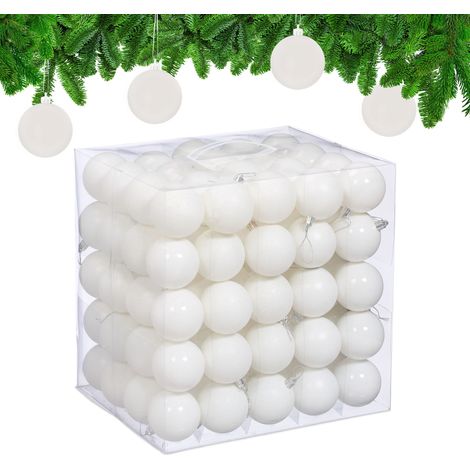 Relaxdays Palline di Natale, Set 100 Palle Albero, Addobbi Natalizi, ∅ 6 cm, in Plastica Opaca, Lucida, Glitter, Bianco (1/5)