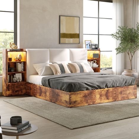 Lit coffre king size 180x200 cm,rangement hydraulique,tête de lit rembourrée,6 rangements latéraux,LED 7 couleurs,brun (1/5)