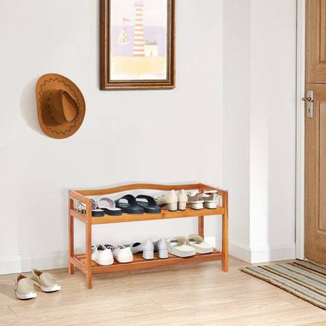 Étagère à Chaussures en Bois à 2 Niveaux en Bois d'Acacia Massif avec Crochets Métalliques Latéraux Peut Contenir jusqu'à 12 Paires Marron (1/2)