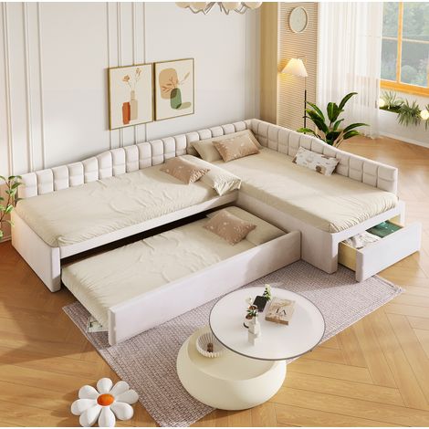 Cama en L 90x200 de MDF con cama nido y cajones, tapizado de franela beige DESVIAE (1/5)