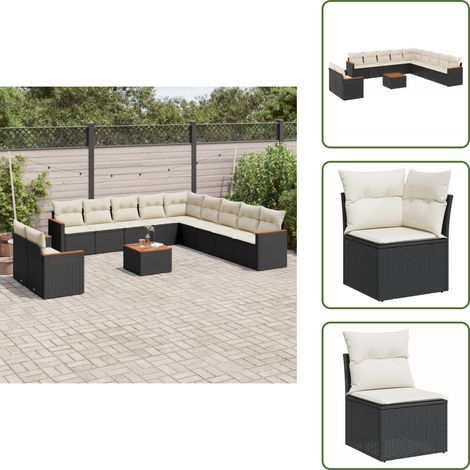 The Living Store Salon de jardin 12 pcs avec coussins noir résine tressée - Ensemble Salon De Jardin - Mobilier De Jardin - Canapé Extérieur - Table De Jardin - Chaise Lounge