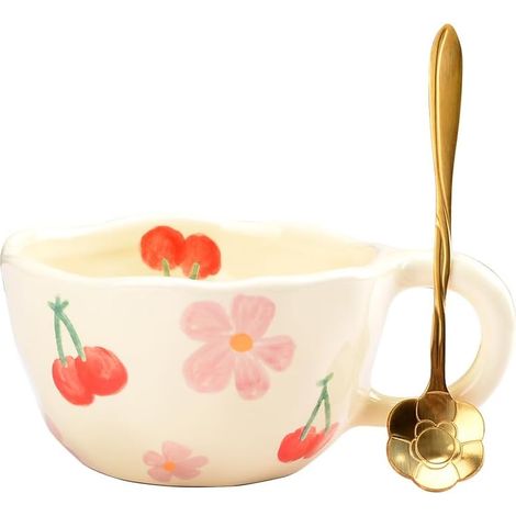 Tasse céramique fleur, cadeau femme original, mug kawaii avec cuillère, créatif et esthétique. (1/5)