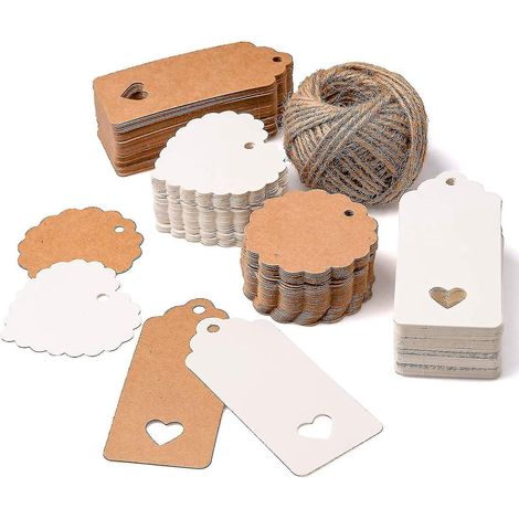Packung mit 200 leeren Geschenkanhängern aus braunem und weißem Kraftpapier, rechteckig, rund und herzförmig, für Hochzeiten und Partys.