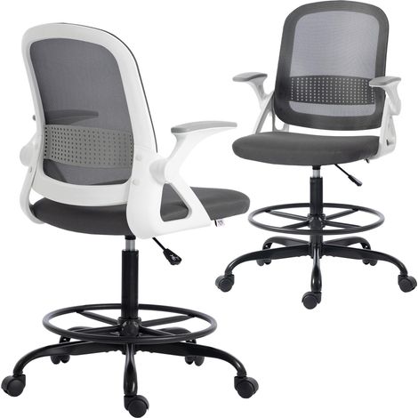 Chaise de bureau en maille, chaise de dessin avec accoudoirs relevables, hauteur réglable, repose-pieds, grise