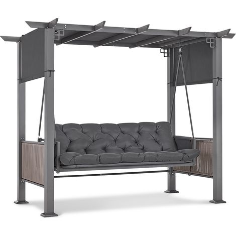 M MCombo 3-Sitzer Pergola Hollywoodschaukel mit Liegefunktion & Gartenpavillon, Gartenschaukel mit Ausziehbarem Sonnendach, Schaukelbank 4067 (grau)