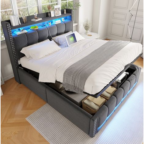 Letto 160x200 cm grigio in tessuto con LED e vano, per camera, senza materasso – MEUBLIV (1/5)