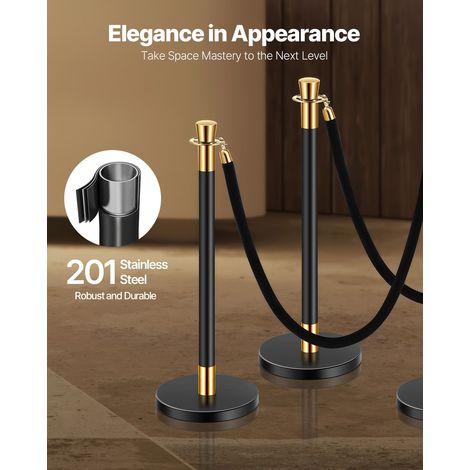 Poteau de guidage, 6 pcs, barrière de balisage pour contrôle de foules, avec base creuse, 4 cordes en velours noir et poteaux noirs en acier inoxydable pour théâtre, mariage, fournitures de fête (1/5)