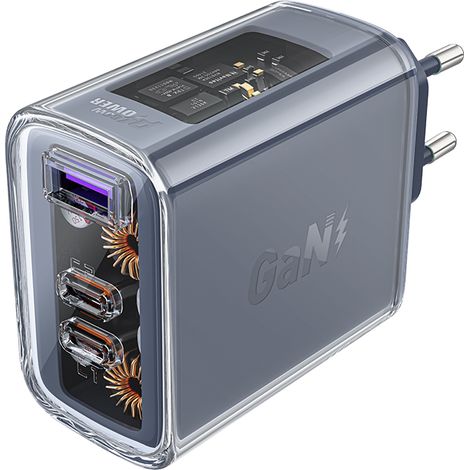 GaN 65W Wandladegerät mit 3 Anschlüssen (1x USB, 2x USB-C), Grau (1/5)