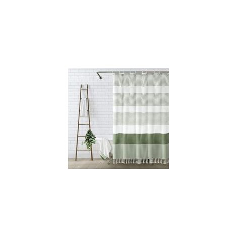 183 x 183 cm Rideau de Douche bohème Vert Sauge pour Salle de Bain Rideau de Douche à Rayures Lin Rustique
