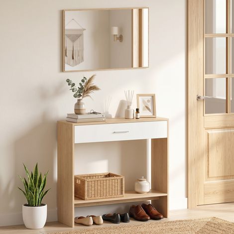 Console meuble + miroir, table console étroite avec tiroir et étagère, style moderne, 91,5 x 27,9 x 85,5 cm, chêne (1/5)