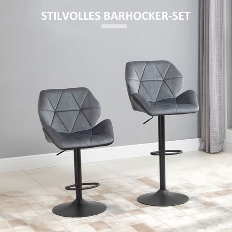 Lot de 2 tabourets de bar rembourrés, piètement métallique, dossier, revêtement effet velours, hauteur ajustable, pivotants 360°.