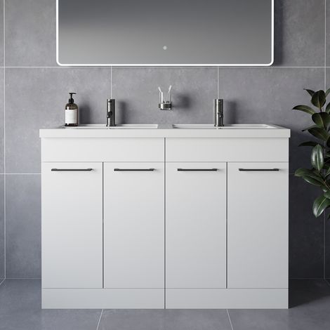 Napoli 390 Gloss White 1200mm 4 Door Vanity Unit with Double Lucia Basins - 1200mm - Gunmetal Grey 160mm Handle