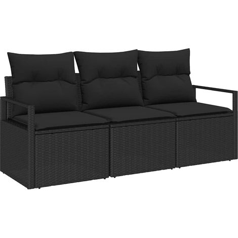 Garden Sofa Set with Cushion 3 pcs Black Poly Rattan vidaXL