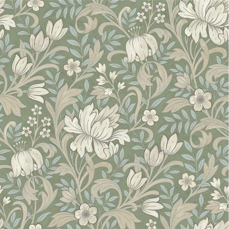 Sage Green Floral Wallpaper Light Blue Leafs Beige Flowers Smooth Matte Grandeco