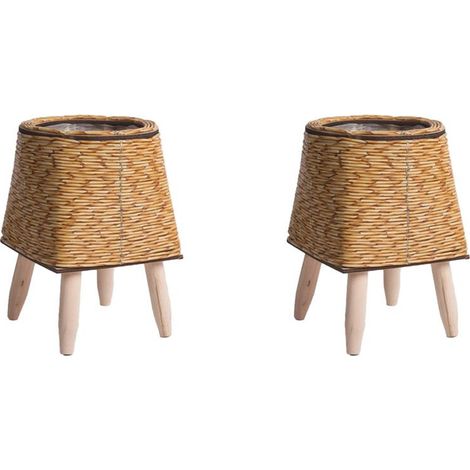 2X Vintage Imitation Rotin Tissé Étagère à Fleurs Jardinières Panier de Rangement Fait à la Main avec Pieds en Bois Support de Pot de Plante,C