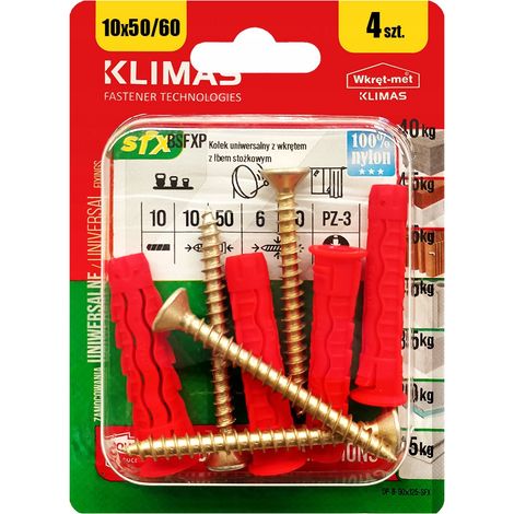 Chevilles Universelles Klimas 10 x 60 Avec Tete Fraisee PZ3, Blister De 4