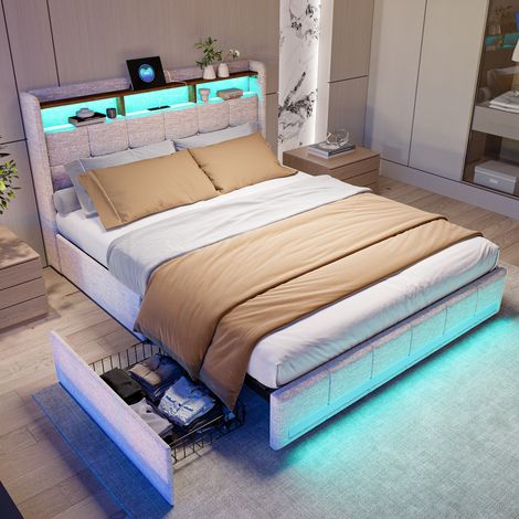 BLANKETSWARM - Lit double rembourré 140 x 200 cm, cadre de lit avec 4 tiroirs, lit coffre avec LED et USB lit double avec rangement lit double capitonné lit 2 personnes, beige (1/5)