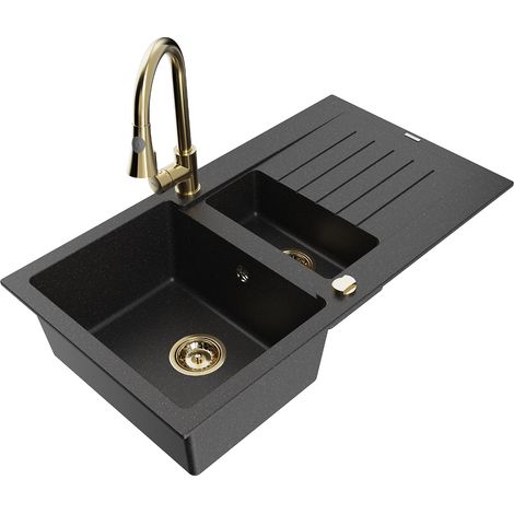 Mexen Matias Granitspüle 1,5-Becken mit Abtropffläche und Küchenarmatur Elia, schwarz/silber metallic - 6502-73-670101-50 (1/5)