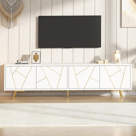 Meuble TV, doté de 4 portes, reposant sur 5 pieds métalliques, adapté à un téléviseur d'environ 85 pouces de diagonale, blanc
