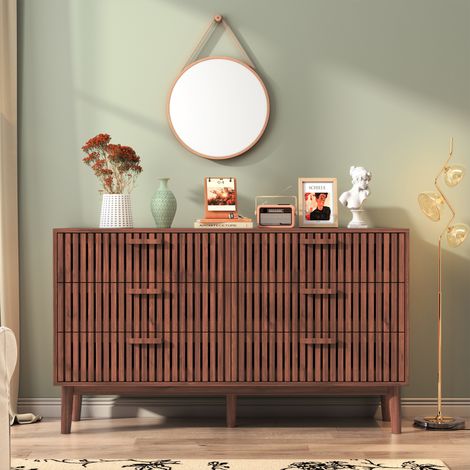 Kommode 100 cm, rechteckig, mit 6 Schubladen, Griffe und Füße aus Holz, Landhausstil, Livingroom Möbel - Nussbaum