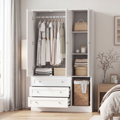Armoire Chambre Penderie 4 Portes, 3 Tiroirs, Barre Suspension, Étagère, 120x50x176,5 cm, Blanc (1/5)