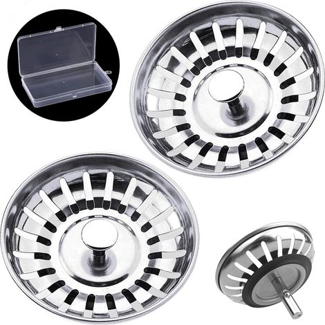 Lot de 2 Bouchon d'évier, Acier inoxydable, Diamètre 78 mm, Filtre déchets, Double fonction, Cuisine et salle de bain