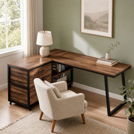 Bureau d’angle 134/50 cm noir et marron avec tiroirs, réversible et niches ouvertes (1/5)