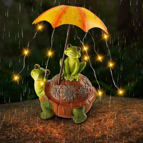 Statue Jardin Solaire Tortue Grenouille - 1 Pièce - Résine - Lumière LED Parapluie - Extérieur Intérieur - 23 cm