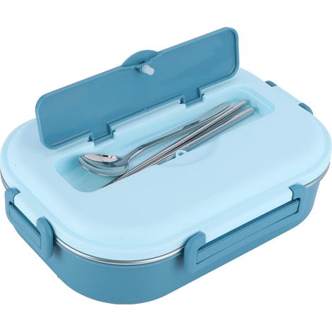 Tragbare Lunchbox aus Edelstahl mit 4 Fächern und Suppenschüssel, Lunchbox für die Arbeit (mit Löffel und Essstäbchen) (blau)