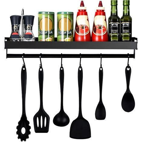 Estante de cocina, organizador de estantes de cocina de pared, riel para ganchos de cocina sin taladro con 6 ganchos extraíbles (negro) (1/5)