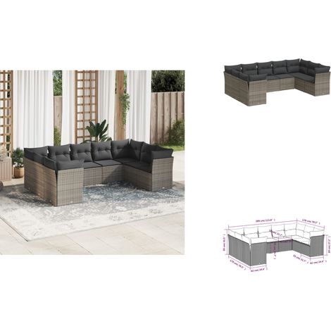 9-tlg. Garten-Sofagarnitur mit Kissen Grau Poly Rattan - Gartensorte - Gartenmöbelset - Lounge Sofa - Outdoor Möbel - Rattan Gartenmöbel (1/3)