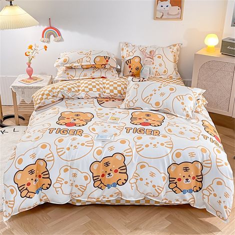 Parure de lit 4 pièces en coton doux, drap housse, housse de couette, taie d'oreiller, literie épaisse pour maison, motif tigre, 120x200 cm (1/2)