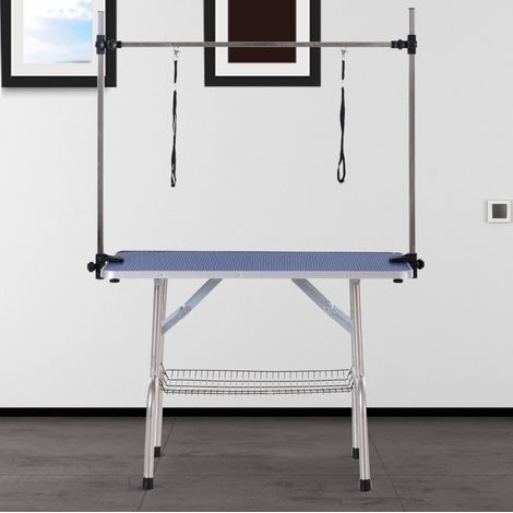 Tavolo da toelettatura per cani regolabile in altezza con cestello, 107 x 60 x 170 cm, blu, acciaio (1/5)