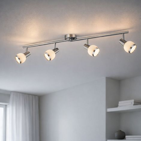 Deckenlampe Deckenleuchte Spotleuchte Wohnzimmerlampe Esszimmerleuchte, 4 Flammig Spots beweglich, Chrom Glas Nickel matt, LED 4x 3W 4x 300Lm warmweiß, LxH 80x15cm