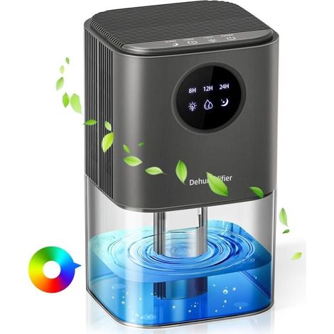 Deshumidificateur d air,[1700ml] Deshumidificateur d Air Anti Moisissure, avec Lumière LED 7 Couleurs, Minuterie 8/12/24H,Portable,Silencieux, pour Chambre,Moisissures,Bain,Armoire,Gris argenté (1/4)