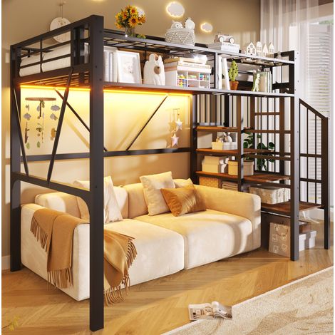 Letto a soppalco 90 x 200 cm in metallo e MDF con LED, nero OKMYHOME (1/5)