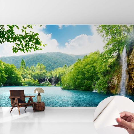 Papier peint autocollant Mural avec colle pour salon et chambre Décoration murale rapide Cascade naturelle 416x254 cm (1/5)