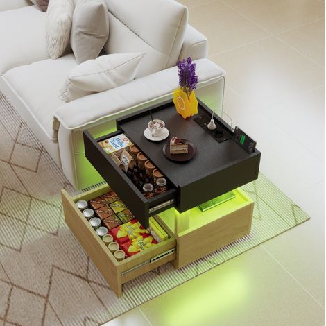 Comodino 50x40x50 cm con ricarica wireless, LED, porte USB, 2 cassetti, in legno composito nero e naturale (1/5)