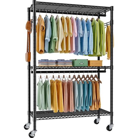 Portant à Vêtements avec Roulettes et Étagères à Chaussures, Penderie Métallique Mobile, Hauteur et Largeur Réglables avec 2 Barres, Capacité de Charge 204 kg Noir (1/5)