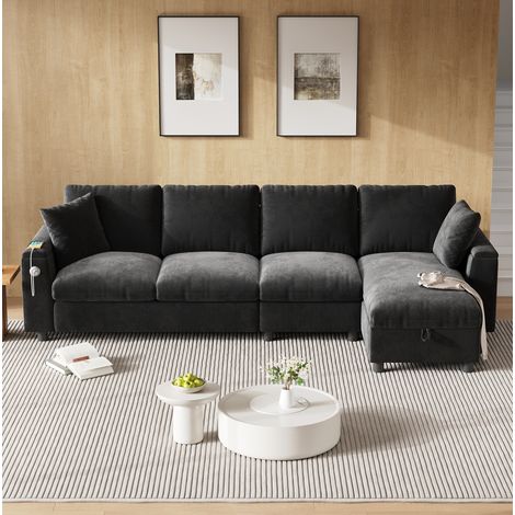 Ecksofa mit Schlaffunktion und Stauraum Chenille Grau OKMYHOME (1/5)