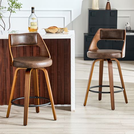 Lot de 2 tabourets de bar avec dossier 95 cm, assise 66 cm, structure stable en bois et repose-pieds metal - marron (1/5)