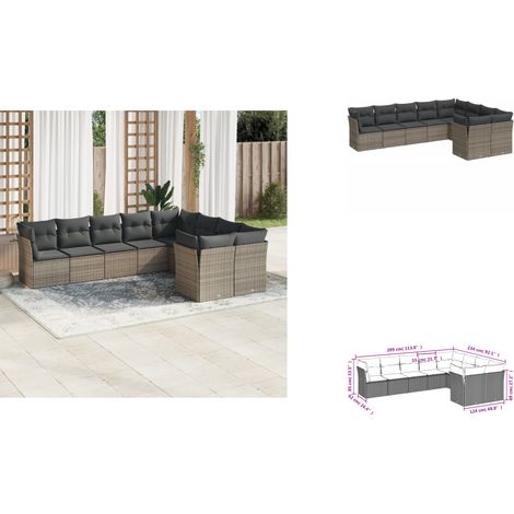 9-tlg. Garten-Sofagarnitur mit Kissen Grau Poly Rattan - Gartenmöbel - Rattan Möbel - Lounge Set - Esszimmergarnitur - Terrassenmöbel (1/3)