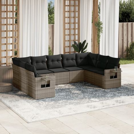 9-tlg. Garten-Sofagarnitur mit Kissen Grau Poly Rattan (1/3)